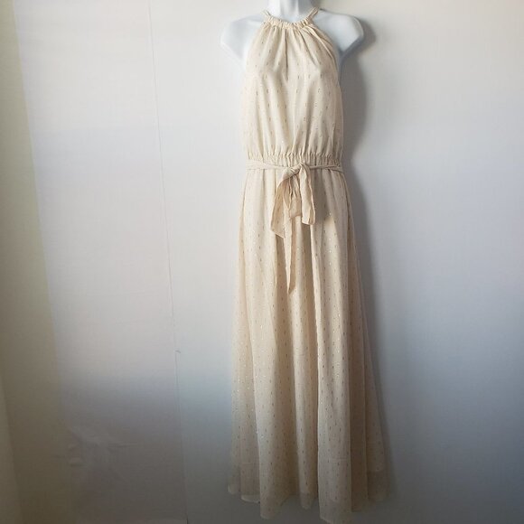 Dresses & Skirts - ModCloth womens Dress size S Cream Metallic Maxi Belted Chiffon High Neck